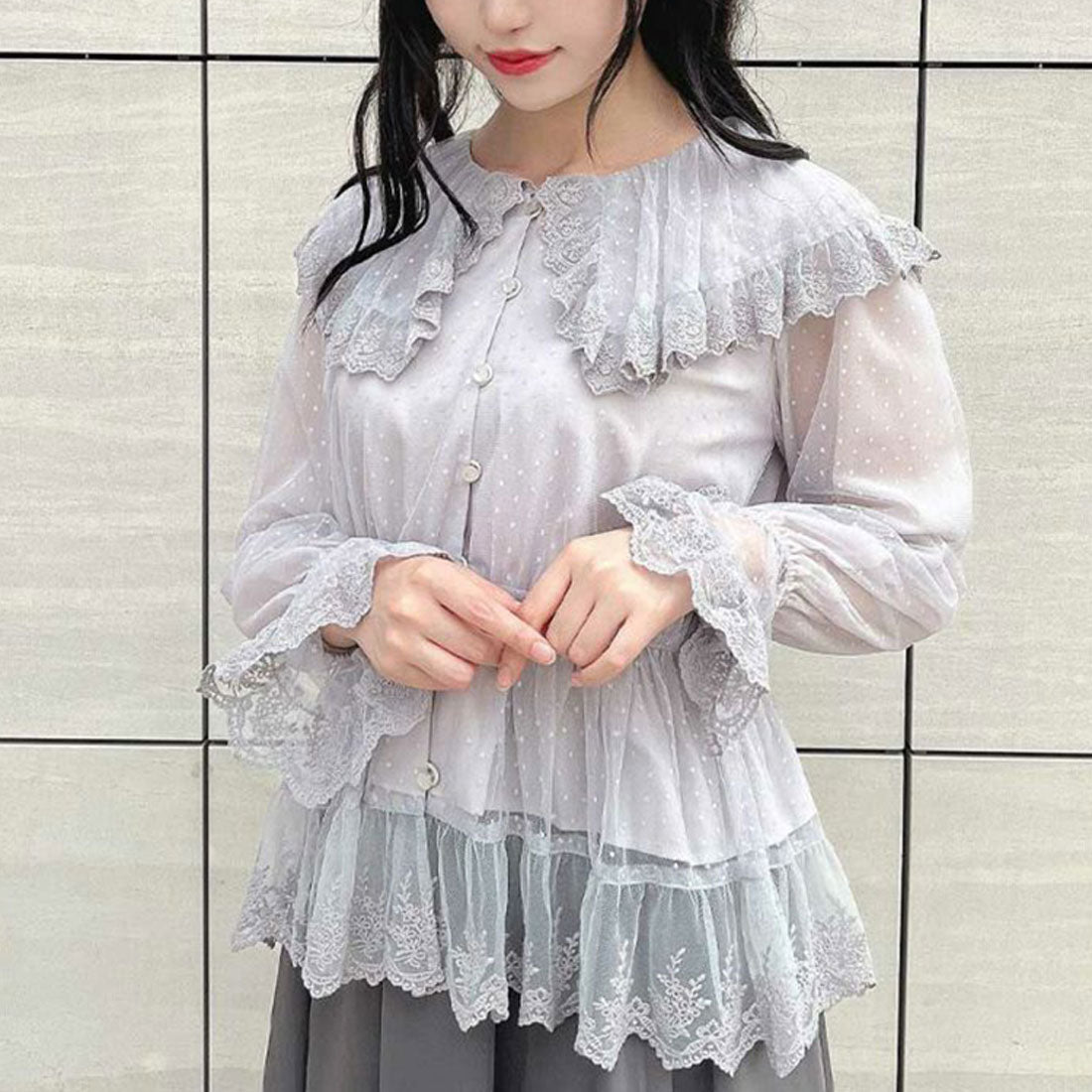 アンアナザーアンジェラス an another angelus 【洗える】レース使いドットチュールブラウス （L/GRAY） L/GRAY