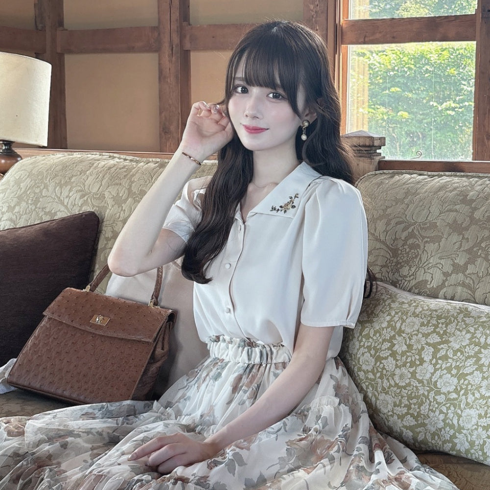 アンアナザーアンジェラス an another angelus 【洗える】プチローズ刺繍入り変形衿ブラウス （L/BEIGE） L/BEIGE