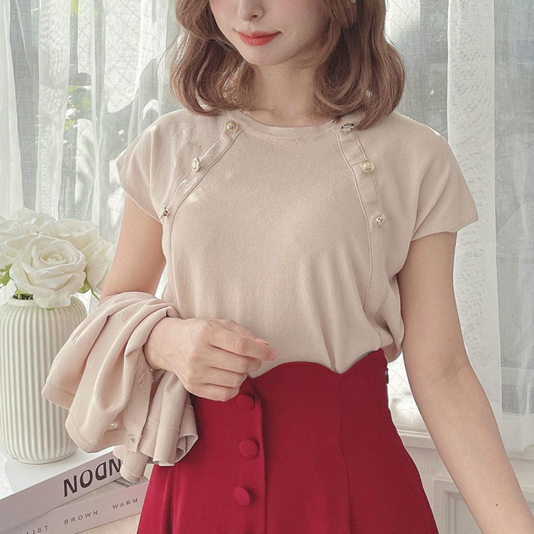 アンアナザーアンジェラス an another angelus 【洗える】チェーン付きダブル釦2wayケープニット （L/BEIGE） L/BEIGE