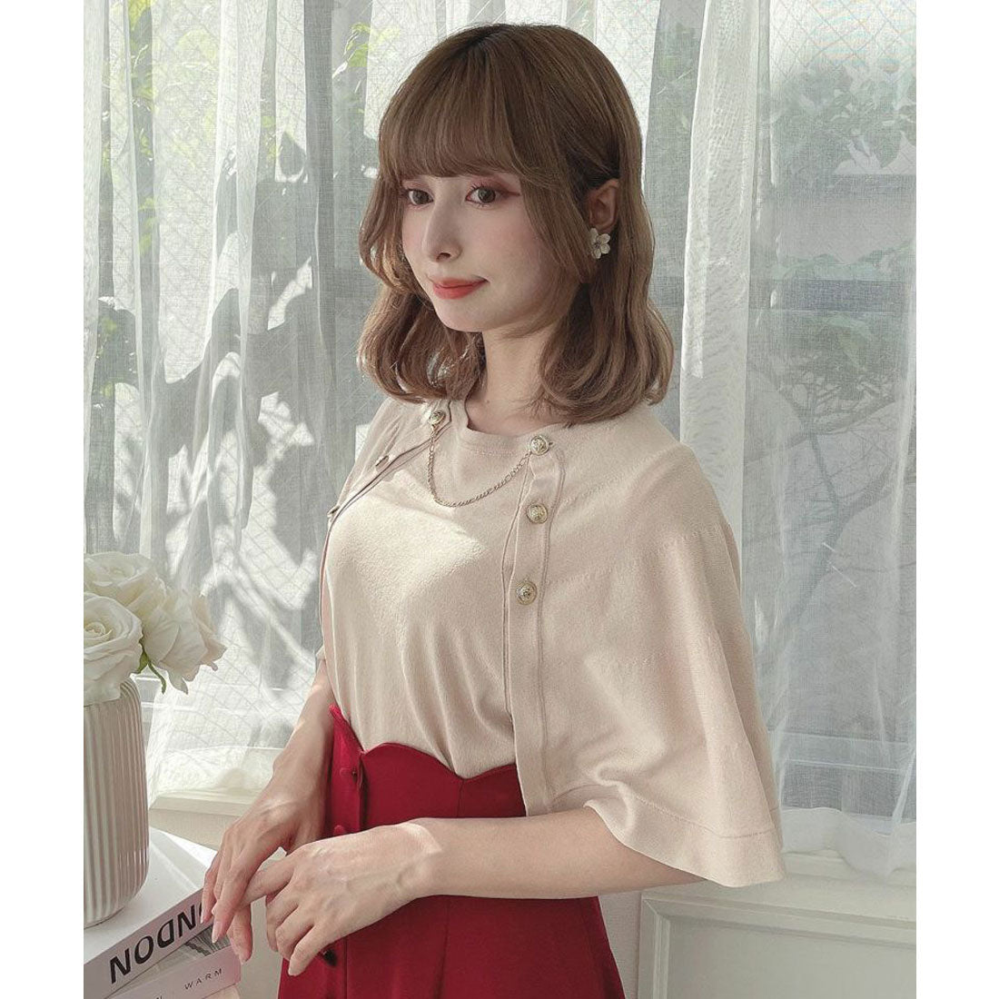 アンアナザーアンジェラス an another angelus 【洗える】チェーン付きダブル釦2wayケープニット （L/BEIGE） L/BEIGE