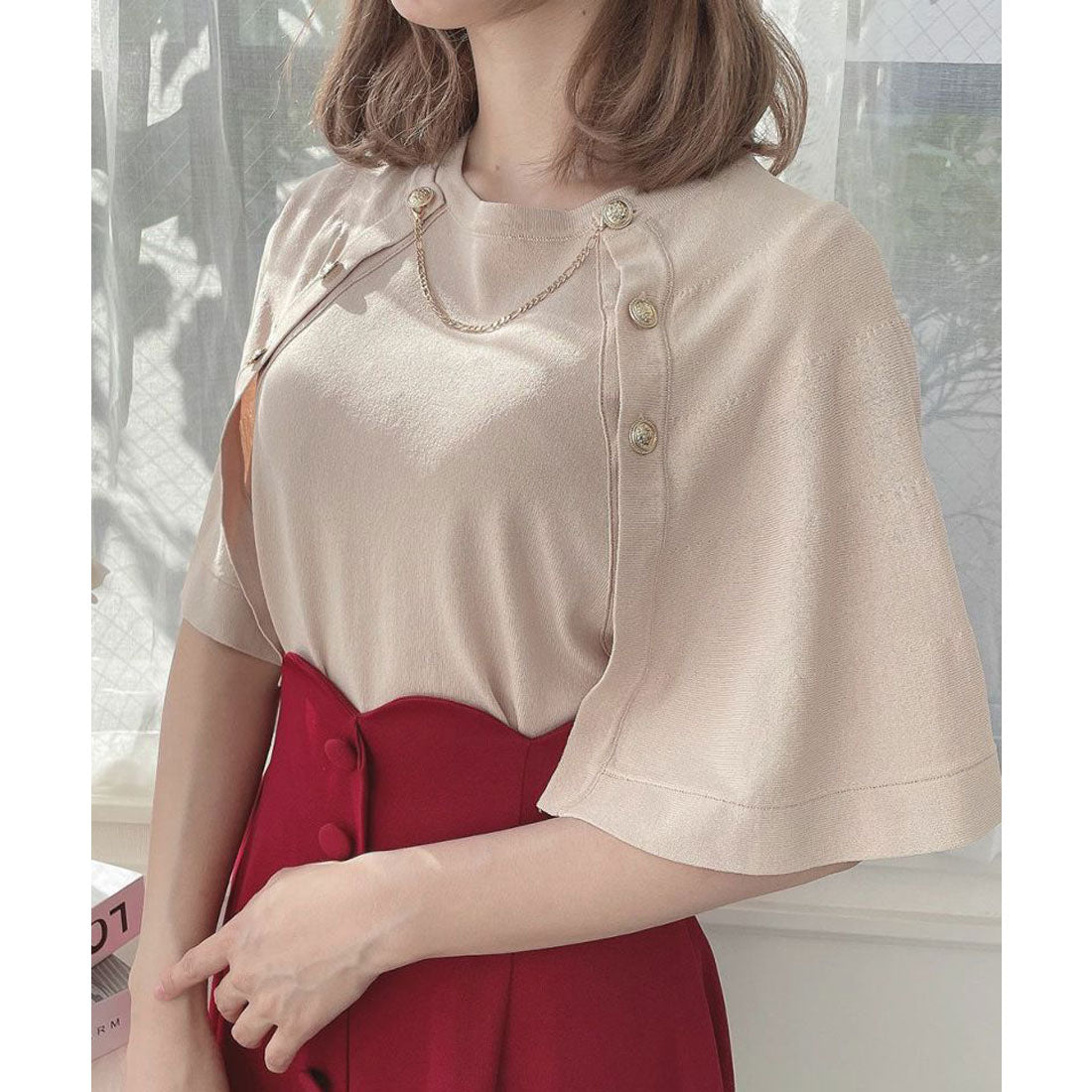 アンアナザーアンジェラス an another angelus 【洗える】チェーン付きダブル釦2wayケープニット （L/BEIGE） L/BEIGE