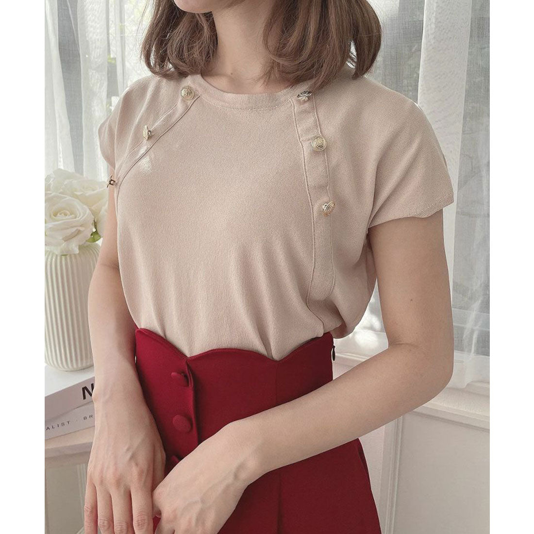 アンアナザーアンジェラス an another angelus 【洗える】チェーン付きダブル釦2wayケープニット （L/BEIGE） L/BEIGE