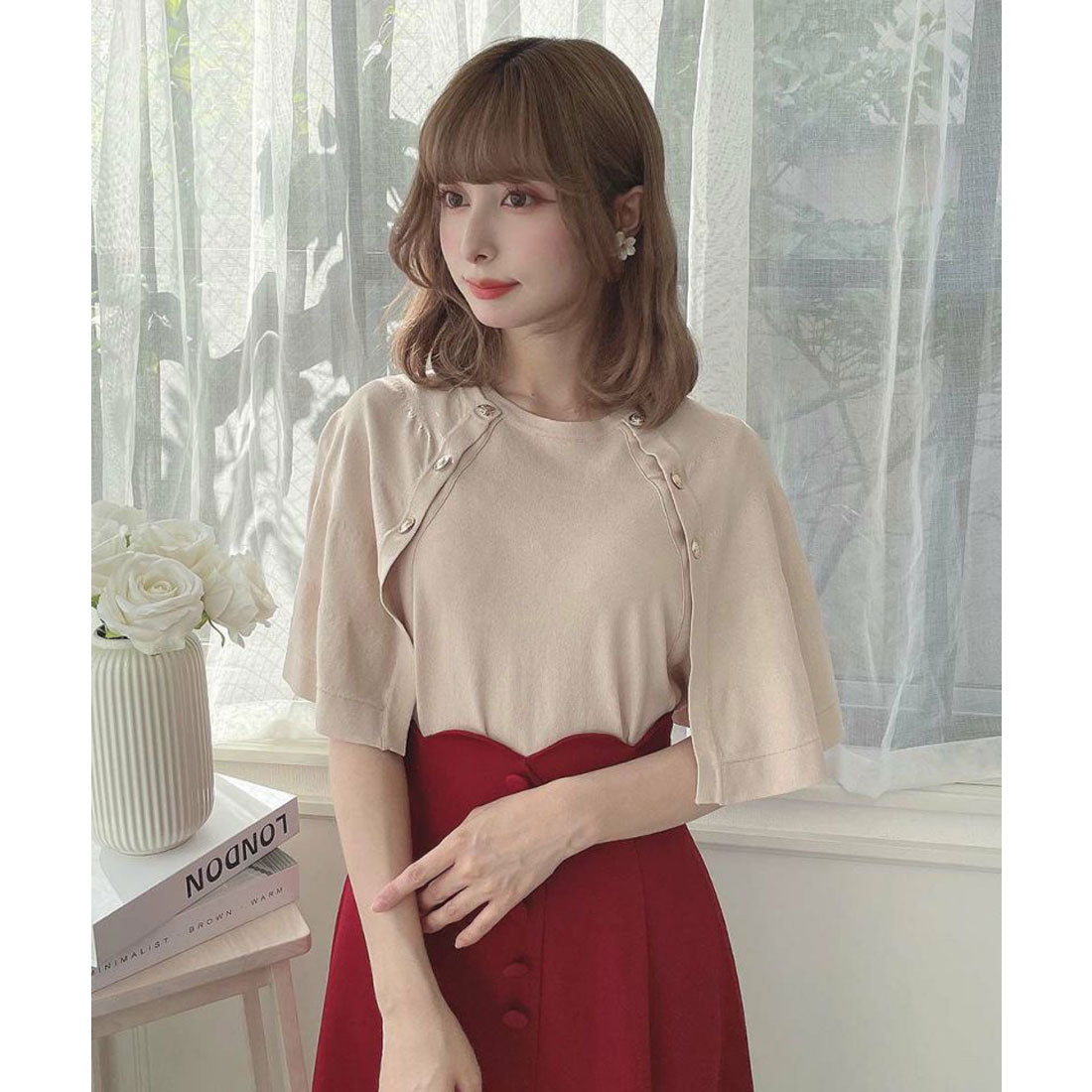 アンアナザーアンジェラス an another angelus 【洗える】チェーン付きダブル釦2wayケープニット （L/BEIGE） L/BEIGE