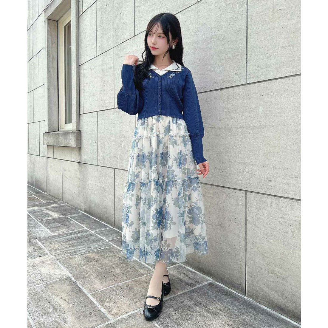 アンアナザーアンジェラス an another angelus 【洗える】ローズプリントチュールティアードスカート （BLUE） BLUE