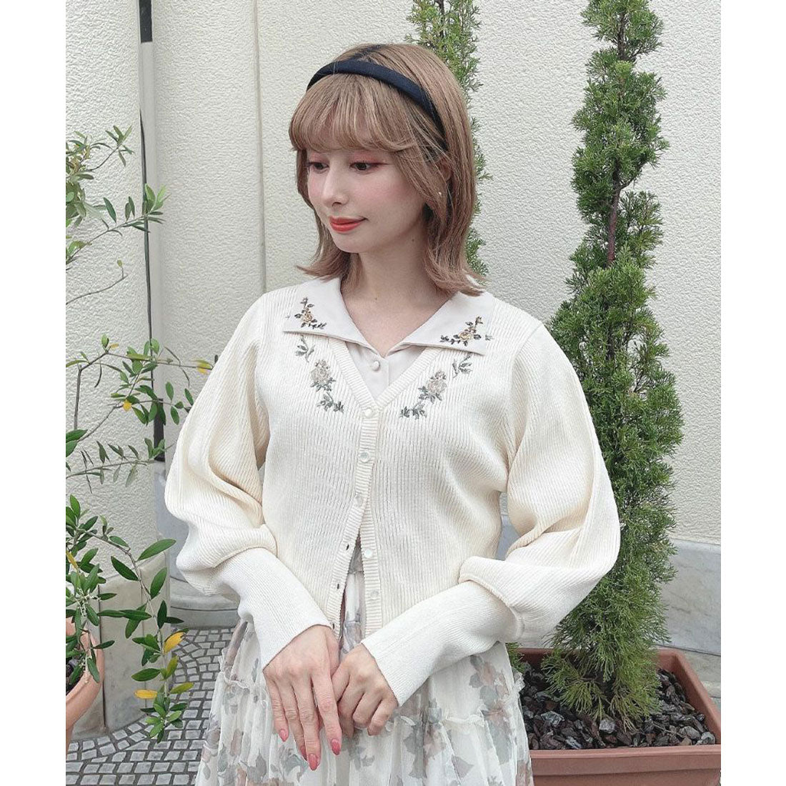 アンアナザーアンジェラス an another angelus 【洗える】ローズ刺繍リブニットカーディガン （OFF WHITE） OFF WHITE