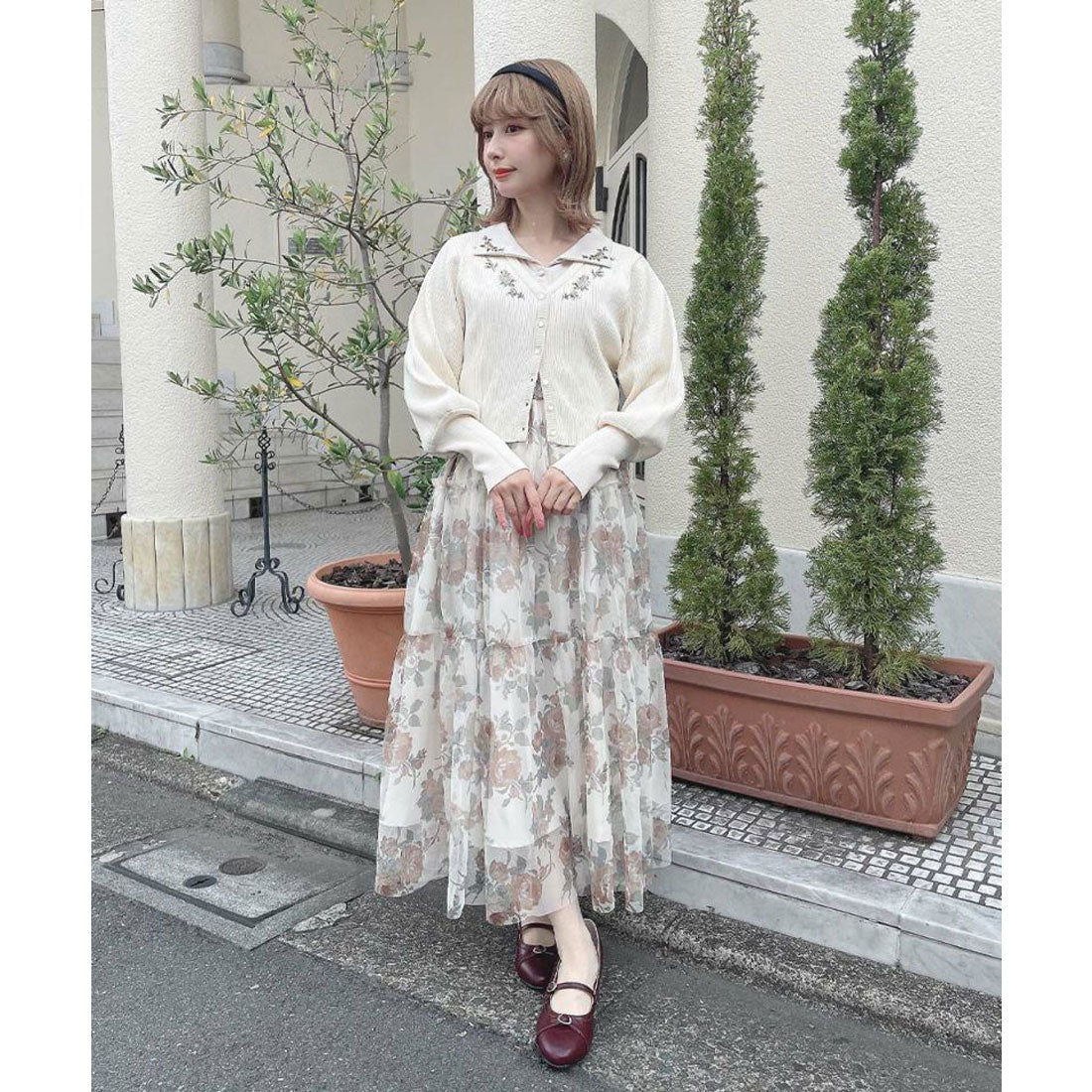 アンアナザーアンジェラス an another angelus 【洗える】ローズ刺繍リブニットカーディガン （OFF WHITE） OFF WHITE