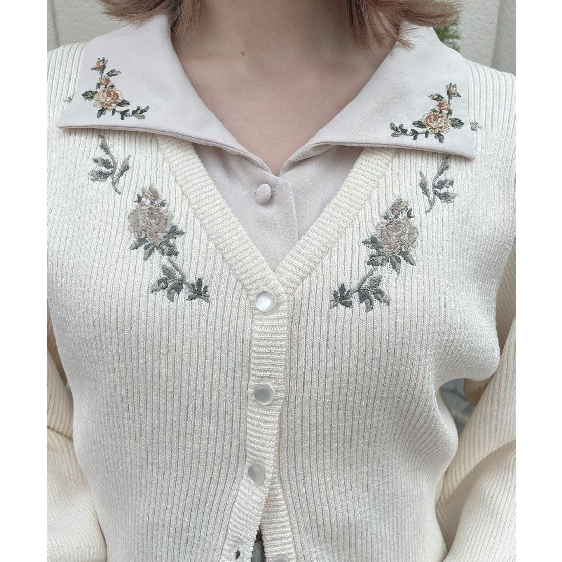 アンアナザーアンジェラス an another angelus 【洗える】ローズ刺繍リブニットカーディガン （OFF WHITE） OFF WHITE