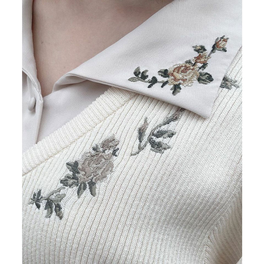 アンアナザーアンジェラス an another angelus 【洗える】ローズ刺繍リブニットカーディガン （OFF WHITE） OFF WHITE