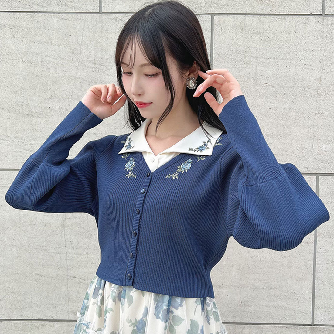 アンアナザーアンジェラス an another angelus 【洗える】ローズ刺繍リブニットカーディガン （BLUE） BLUE
