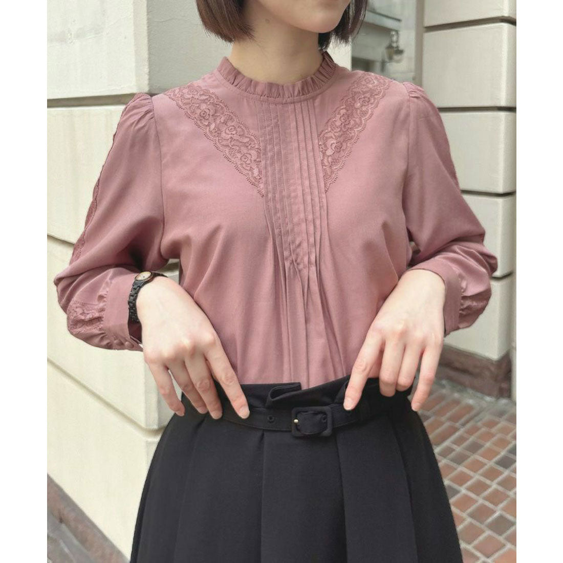 アンアナザーアンジェラス an another angelus 【洗える】フロントピンタックレース使いブラウス （MAUVE） MAUVE