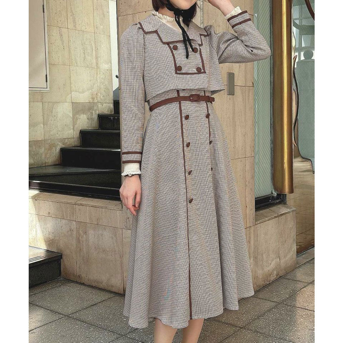 アンアナザーアンジェラス an another angelus 配色使いミニ千鳥ショートジャケットセットアップ （BEIGE×BR） BEIGE×BR