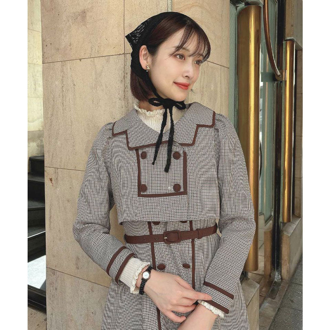 アンアナザーアンジェラス an another angelus 配色使いミニ千鳥ショートジャケットセットアップ （BEIGE×BR） BEIGE×BR