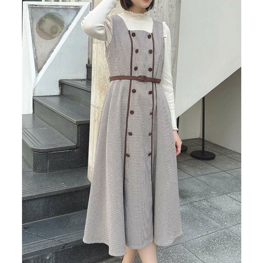 アンアナザーアンジェラス an another angelus 配色使いミニ千鳥ショートジャケットセットアップ （BEIGE×BR） BEIGE×BR