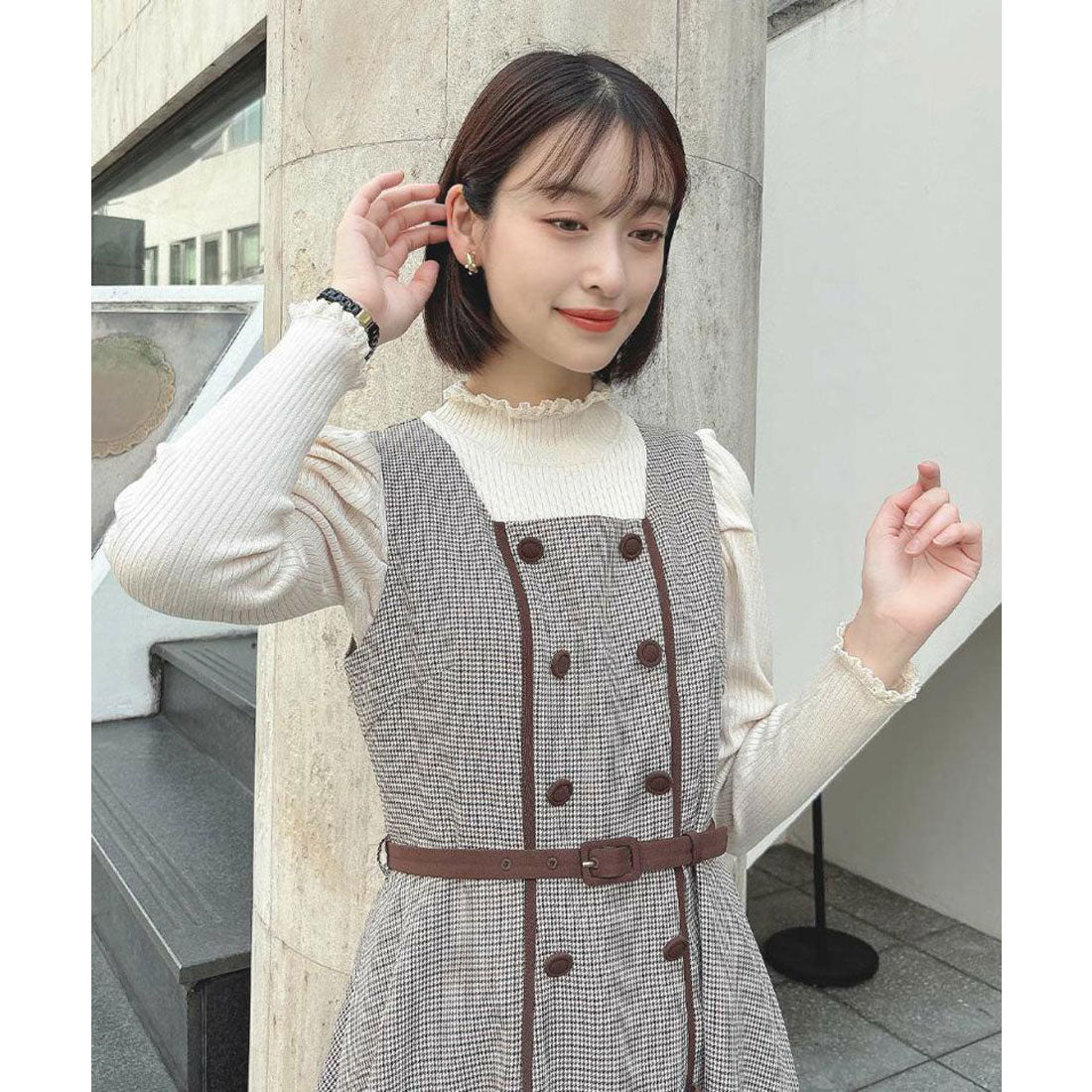 アンアナザーアンジェラス an another angelus 配色使いミニ千鳥ショートジャケットセットアップ （BEIGE×BR） BEIGE×BR