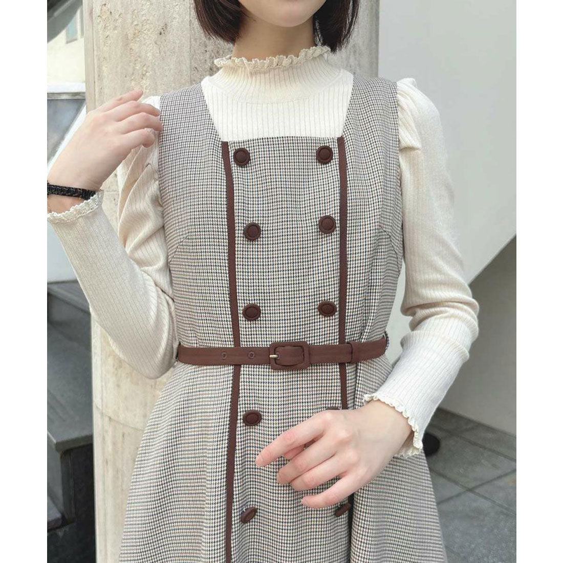 アンアナザーアンジェラス an another angelus 配色使いミニ千鳥ショートジャケットセットアップ （BEIGE×BR） BEIGE×BR