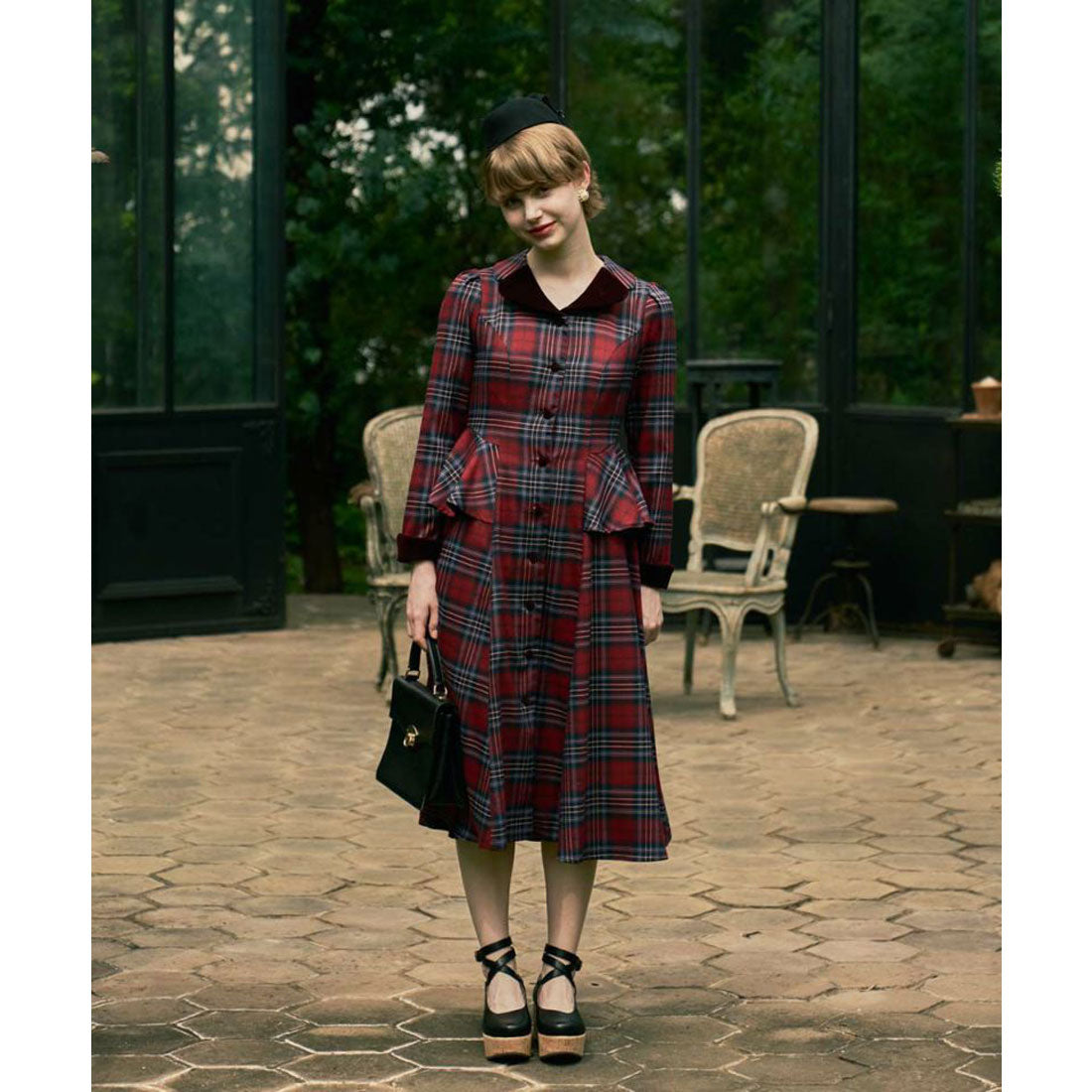 アンアナザーアンジェラス an another angelus 【洗える】別珍ラペルペプラムチェックワンピース （BOR×NAVY） BOR×NAVY