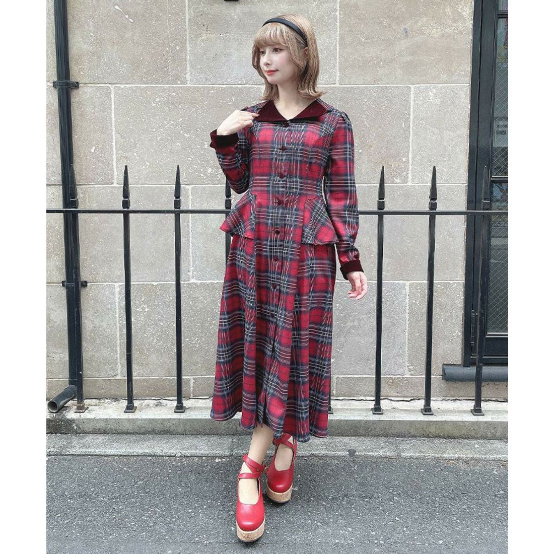 アンアナザーアンジェラス an another angelus 【洗える】別珍ラペルペプラムチェックワンピース （BOR×NAVY） BOR×NAVY