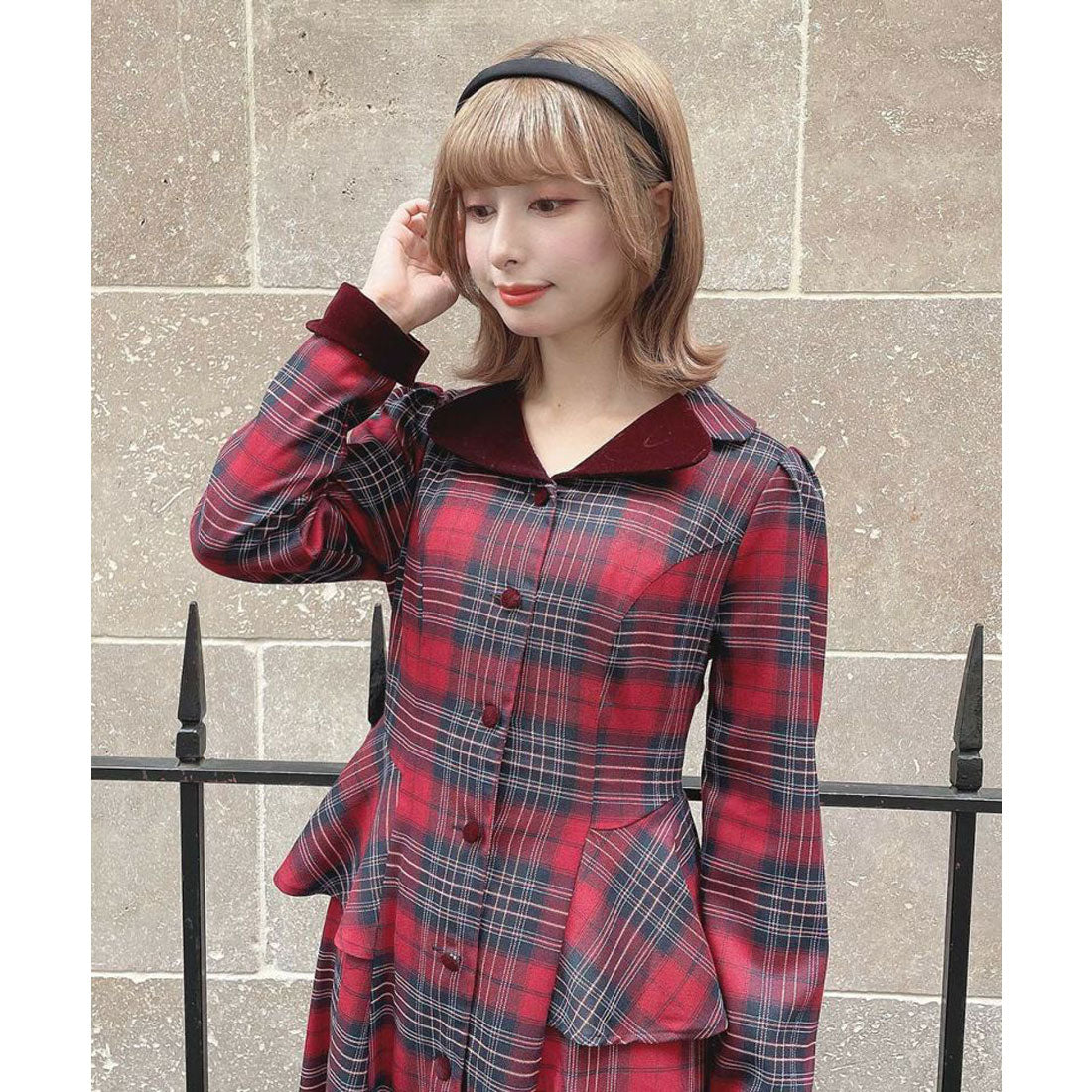アンアナザーアンジェラス an another angelus 【洗える】別珍ラペルペプラムチェックワンピース （BOR×NAVY） BOR×NAVY