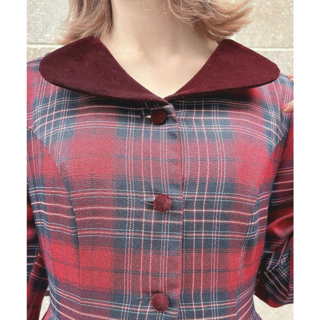 アンアナザーアンジェラス an another angelus 【洗える】別珍ラペルペプラムチェックワンピース （BOR×NAVY） BOR×NAVY