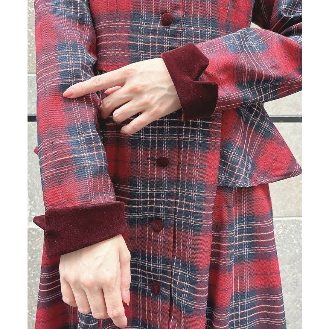 アンアナザーアンジェラス an another angelus 【洗える】別珍ラペルペプラムチェックワンピース （BOR×NAVY） BOR×NAVY