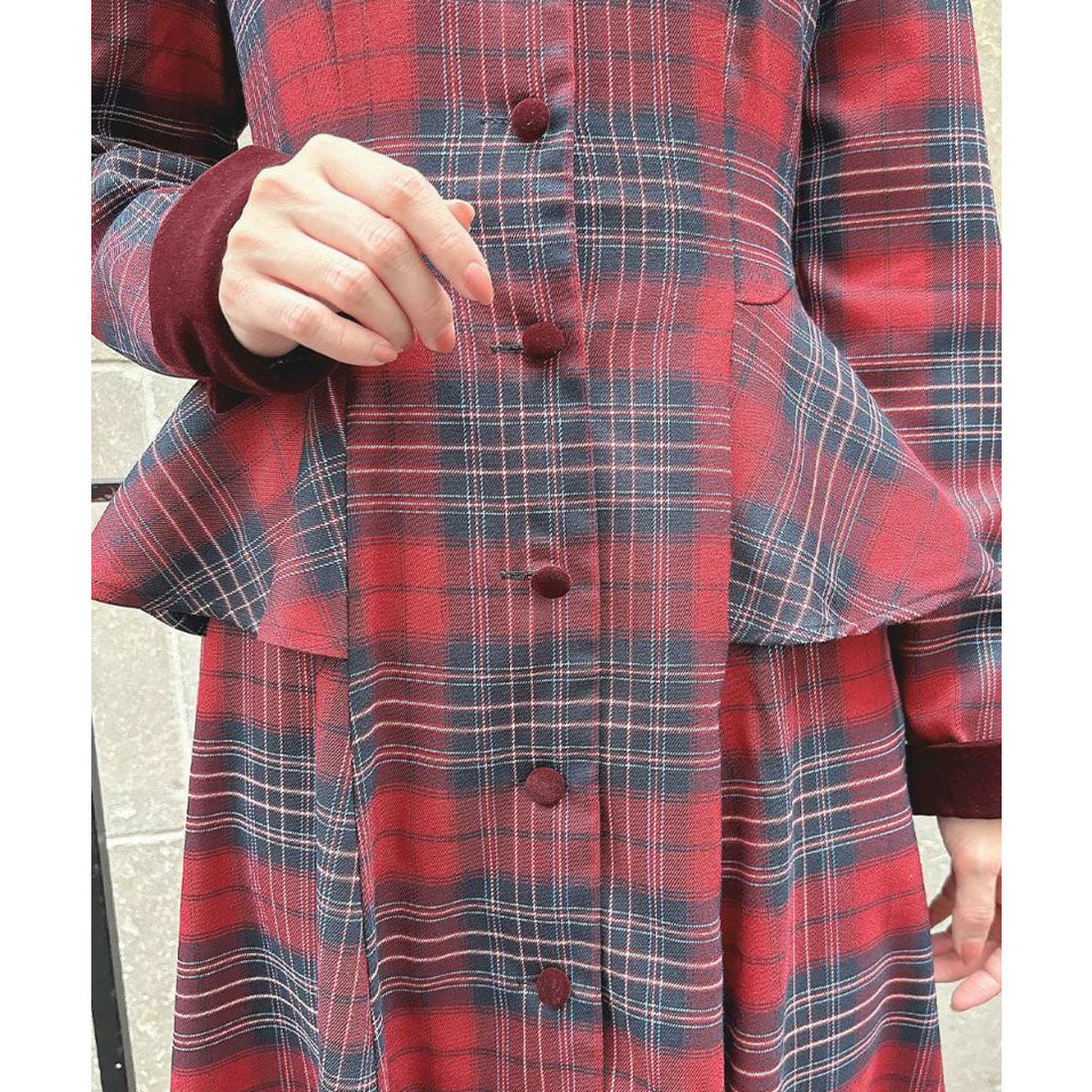 アンアナザーアンジェラス an another angelus 【洗える】別珍ラペルペプラムチェックワンピース （BOR×NAVY） BOR×NAVY