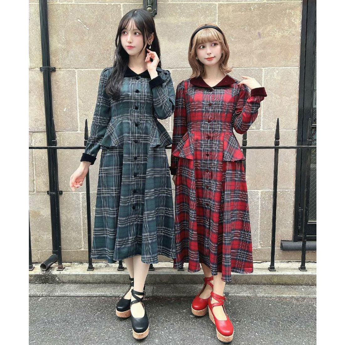アンアナザーアンジェラス an another angelus 【洗える】別珍ラペルペプラムチェックワンピース （BOR×NAVY） BOR×NAVY