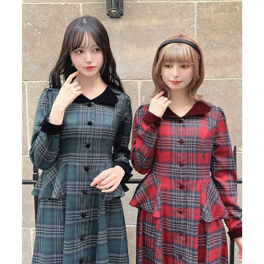 アンアナザーアンジェラス an another angelus 【洗える】別珍ラペルペプラムチェックワンピース （BOR×NAVY） BOR×NAVY