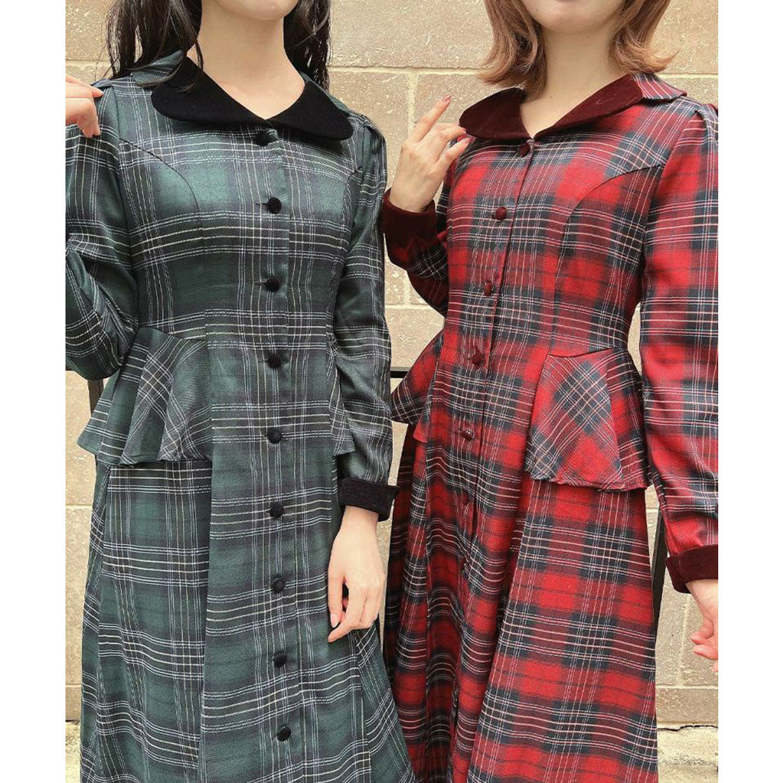 アンアナザーアンジェラス an another angelus 【洗える】別珍ラペルペプラムチェックワンピース （BOR×NAVY） BOR×NAVY
