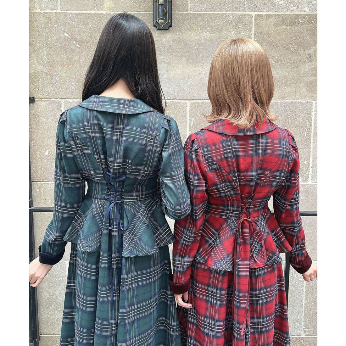 アンアナザーアンジェラス an another angelus 【洗える】別珍ラペルペプラムチェックワンピース （BOR×NAVY） BOR×NAVY