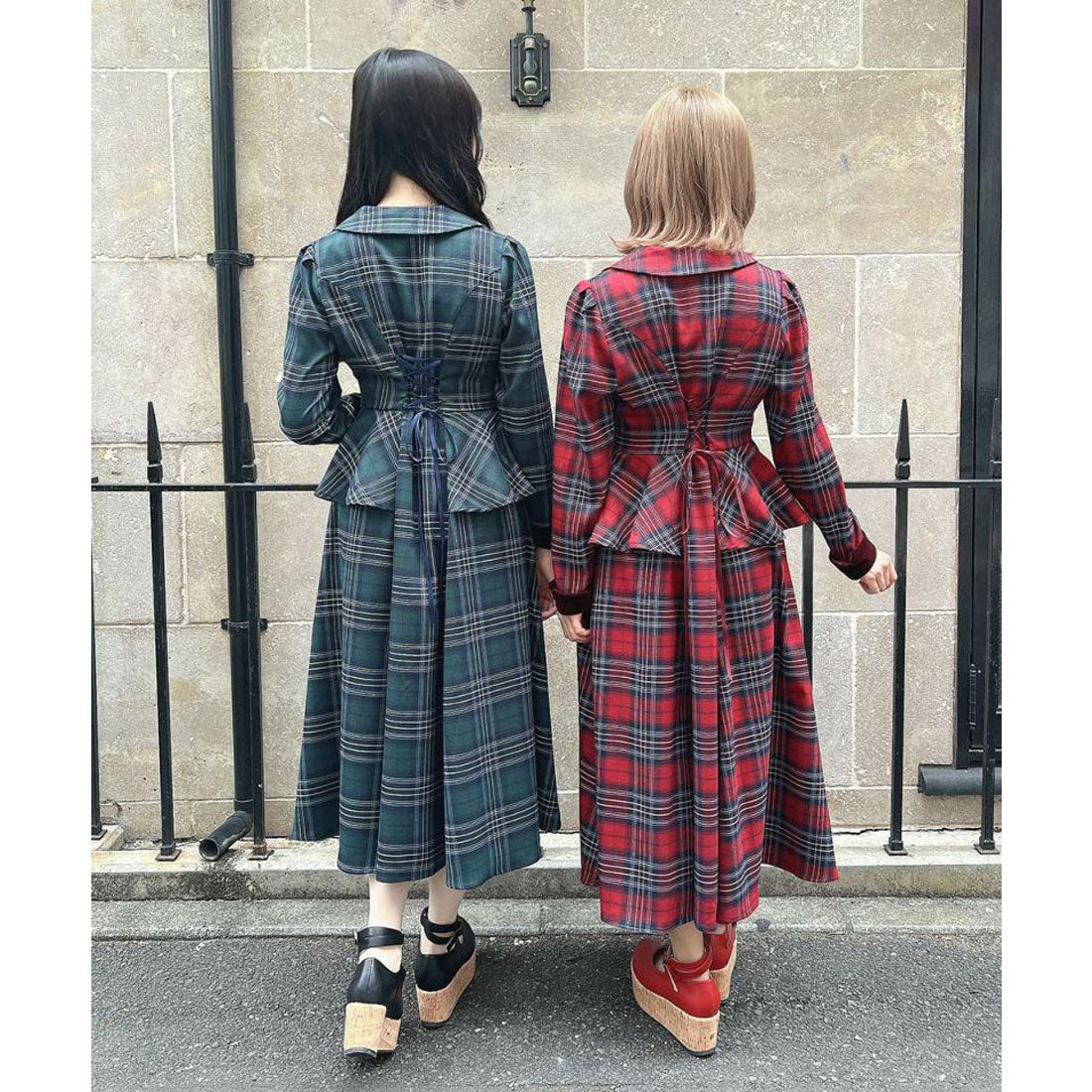 アンアナザーアンジェラス an another angelus 【洗える】別珍ラペルペプラムチェックワンピース （BOR×NAVY） BOR×NAVY
