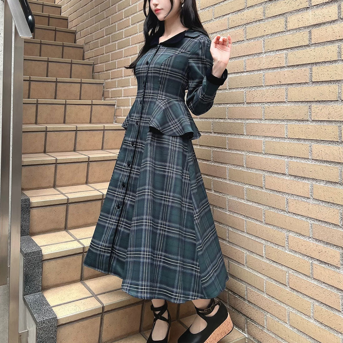 アンアナザーアンジェラス an another angelus 【洗える】別珍ラペルペプラムチェックワンピース （GREEN×NV） GREEN×NV