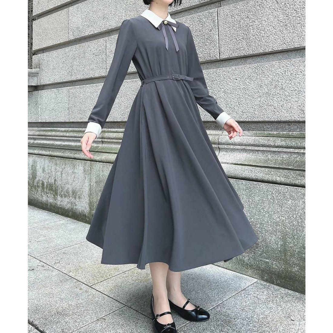 アンアナザーアンジェラス an another angelus 【洗える】リボンタイ付きクレリックサーキュラーワンピース （CHARCOAL） CHARCOAL