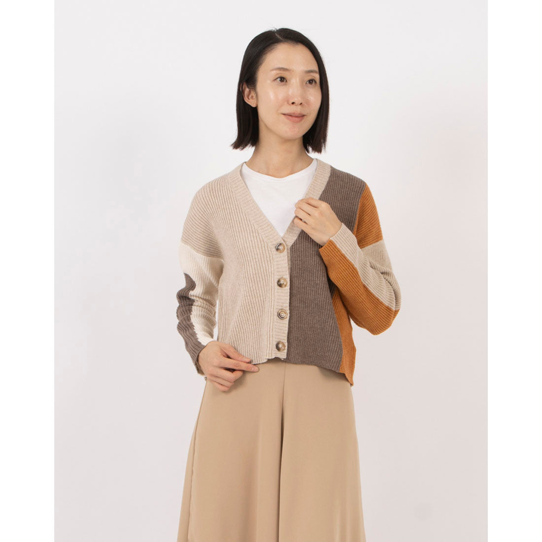 アンナニコラ Anna Nicola 配色切り替えニットカーディガン,ベージュ