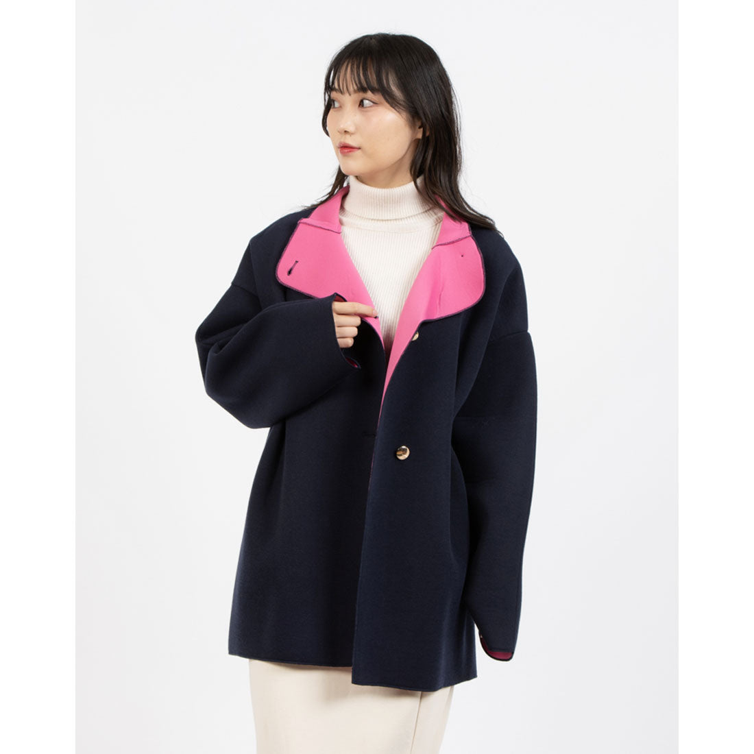 アンナニコラ Anna Nicola ビビッドカラー配色コート （ネイビー） ネイビー