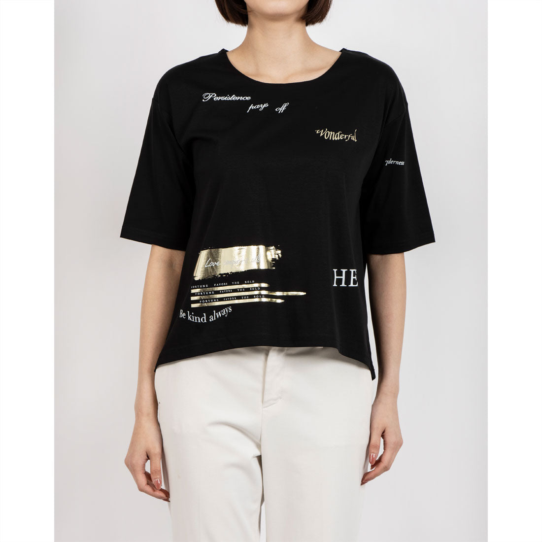 アンナニコラ Anna Nicola ランダムプリント半袖Tシャツ 箔プリントカットソー （ブラック） ブラック