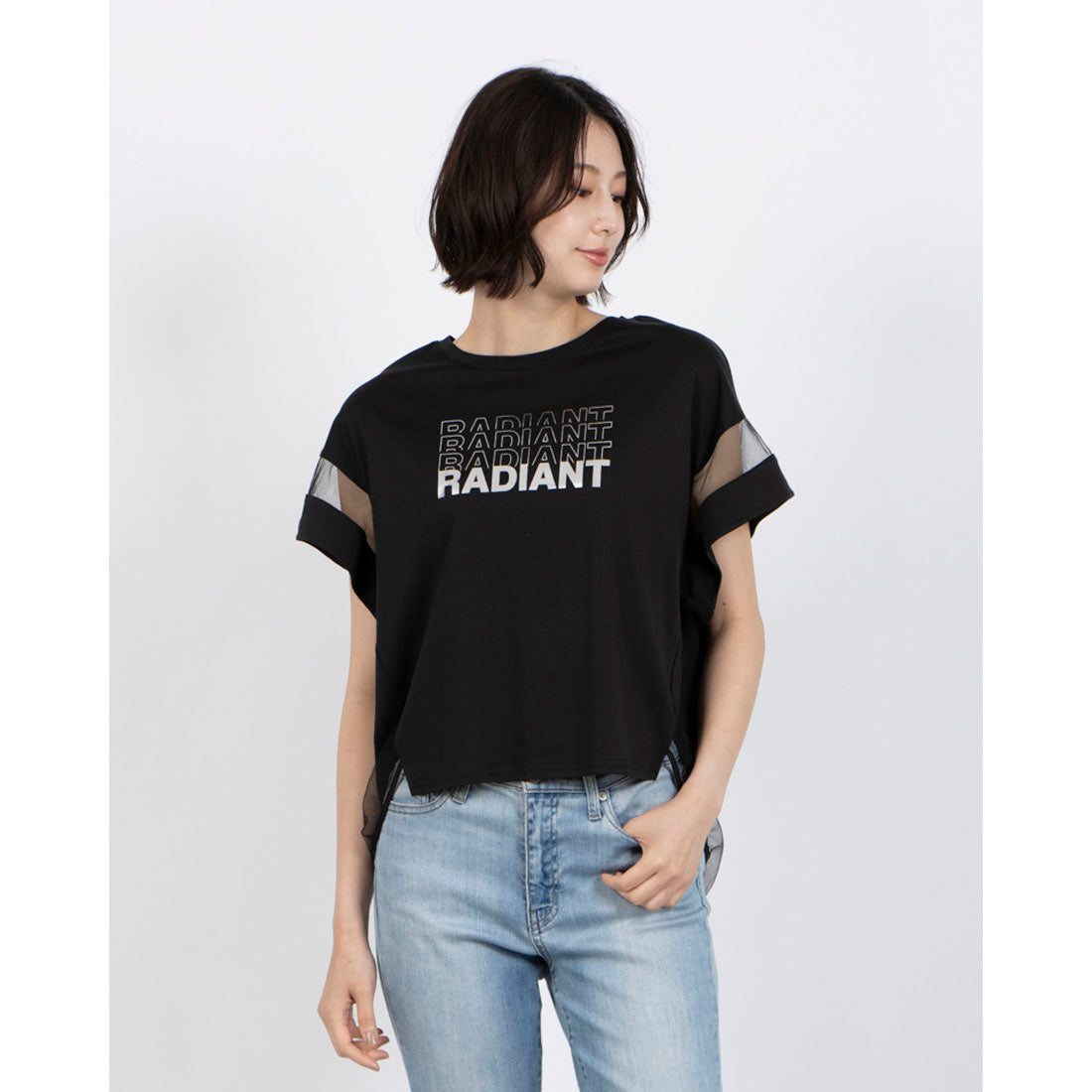 アンナニコラ Anna Nicola シアー切り替え箔ロゴ半袖Tシャツ （ブラック） ブラック