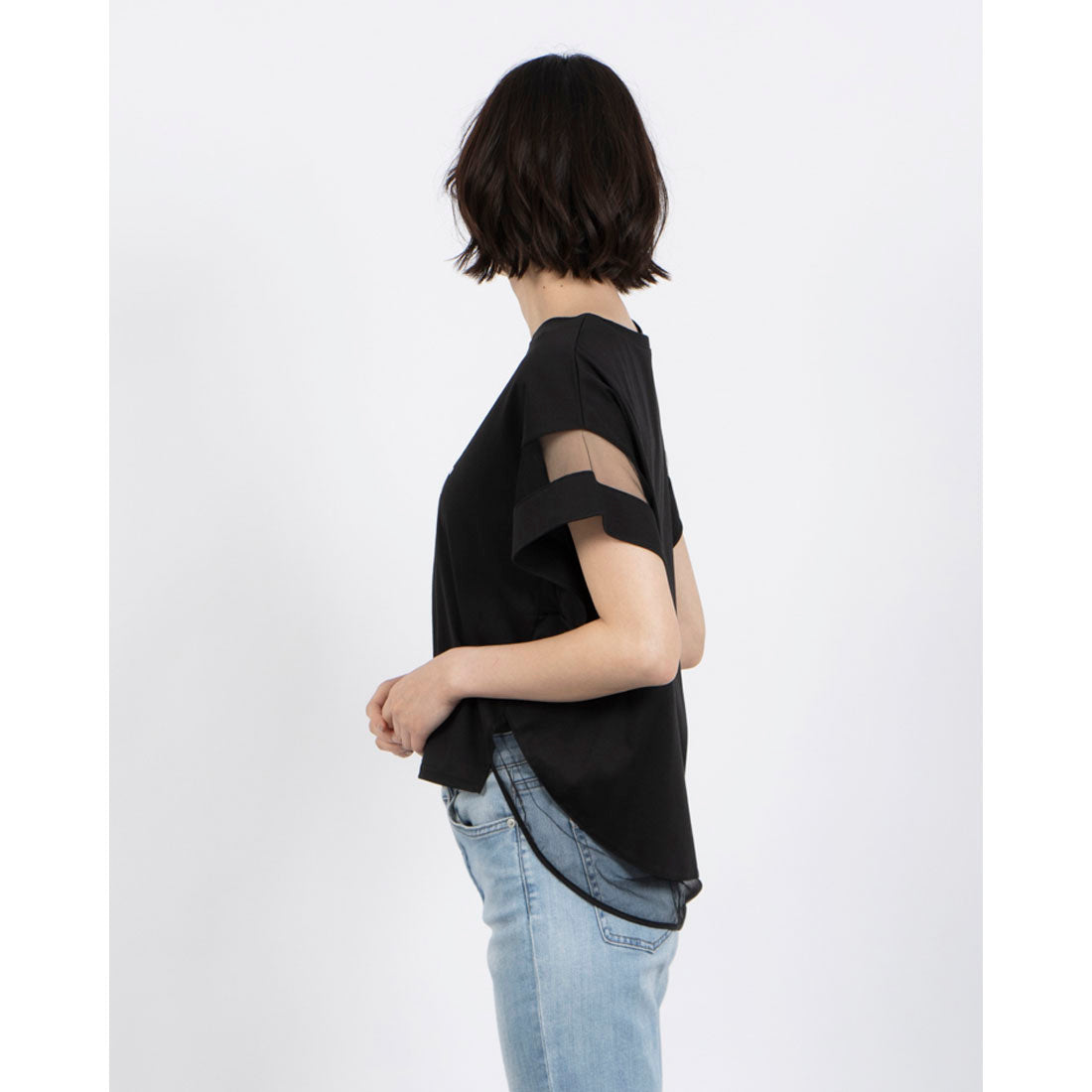 アンナニコラ Anna Nicola シアー切り替え箔ロゴ半袖Tシャツ （ブラック） ブラック