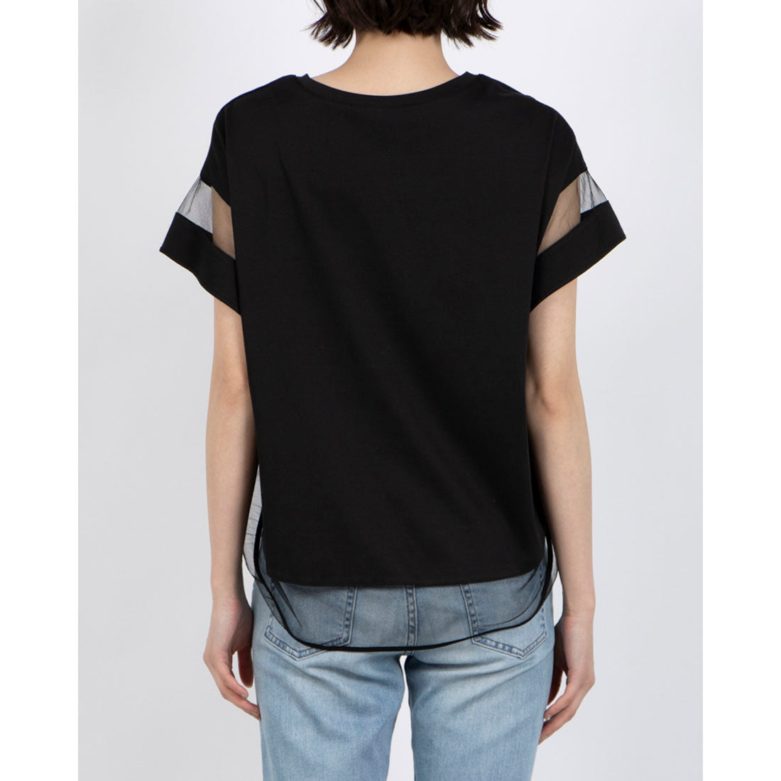 アンナニコラ Anna Nicola シアー切り替え箔ロゴ半袖Tシャツ （ブラック） ブラック