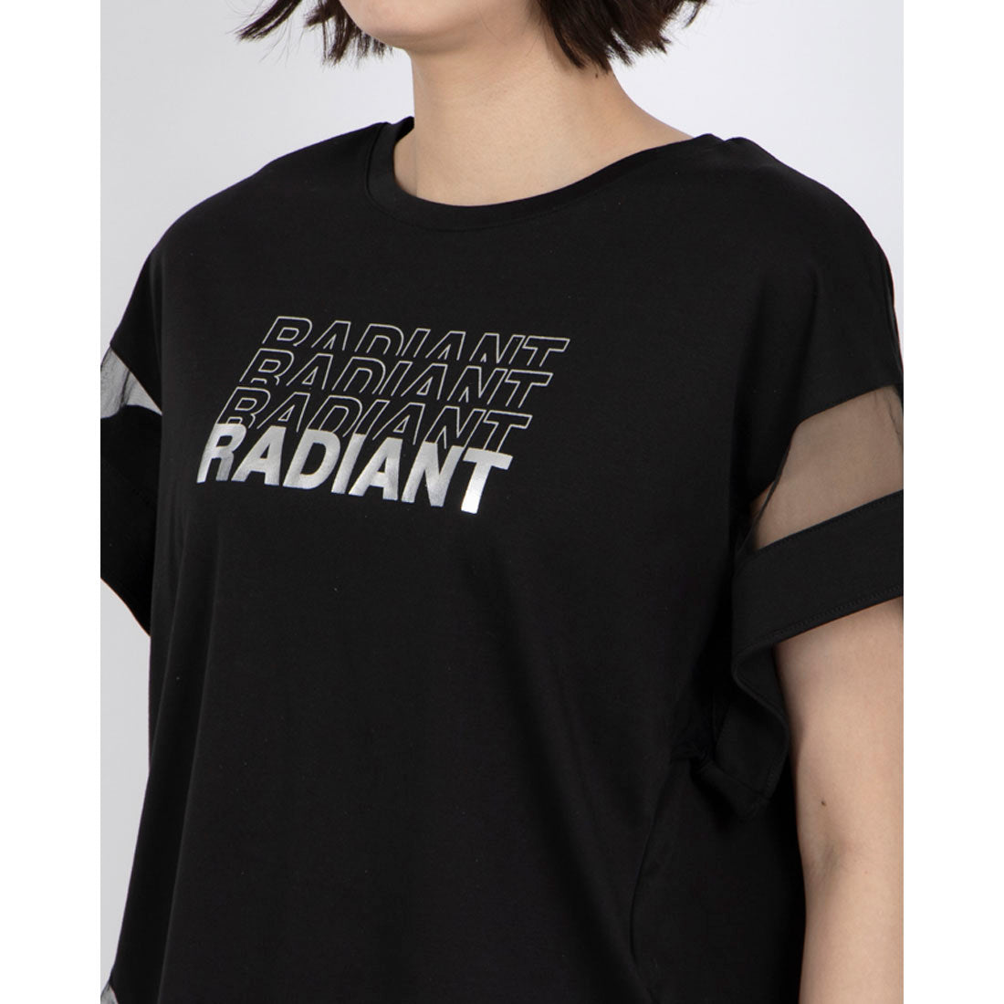 アンナニコラ Anna Nicola シアー切り替え箔ロゴ半袖Tシャツ （ブラック） ブラック