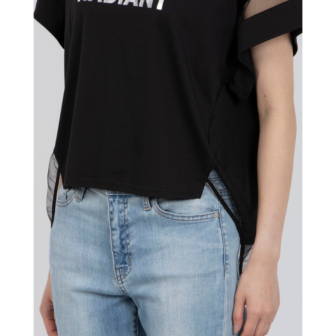 アンナニコラ Anna Nicola シアー切り替え箔ロゴ半袖Tシャツ （ブラック） ブラック