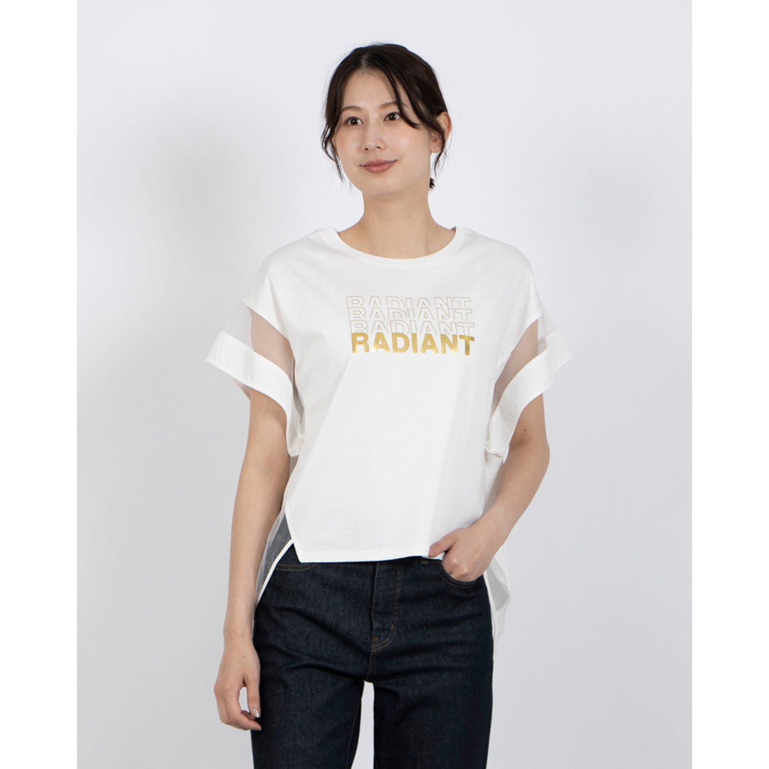 アンナニコラ Anna Nicola シアー切り替え箔ロゴ半袖Tシャツ （オフホワイト） オフホワイト