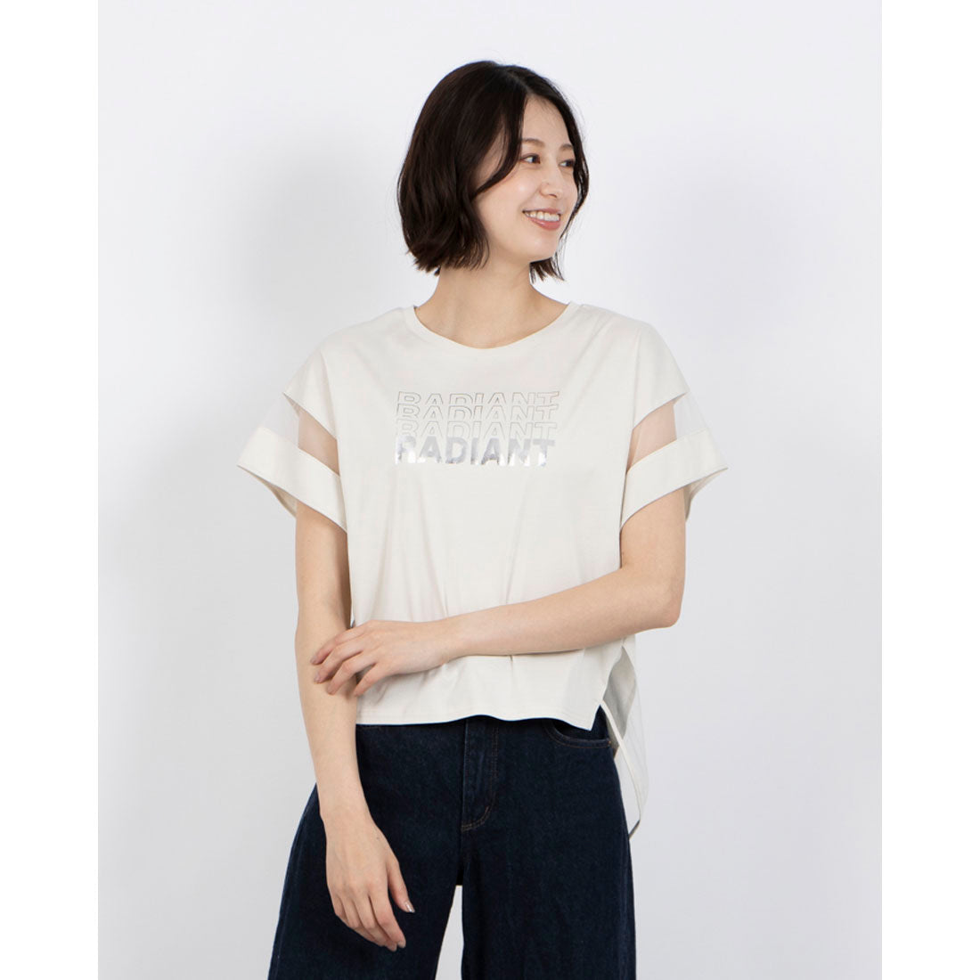 アンナニコラ Anna Nicola シアー切り替え箔ロゴ半袖Tシャツ （ライトベージュ） ライトベージュ