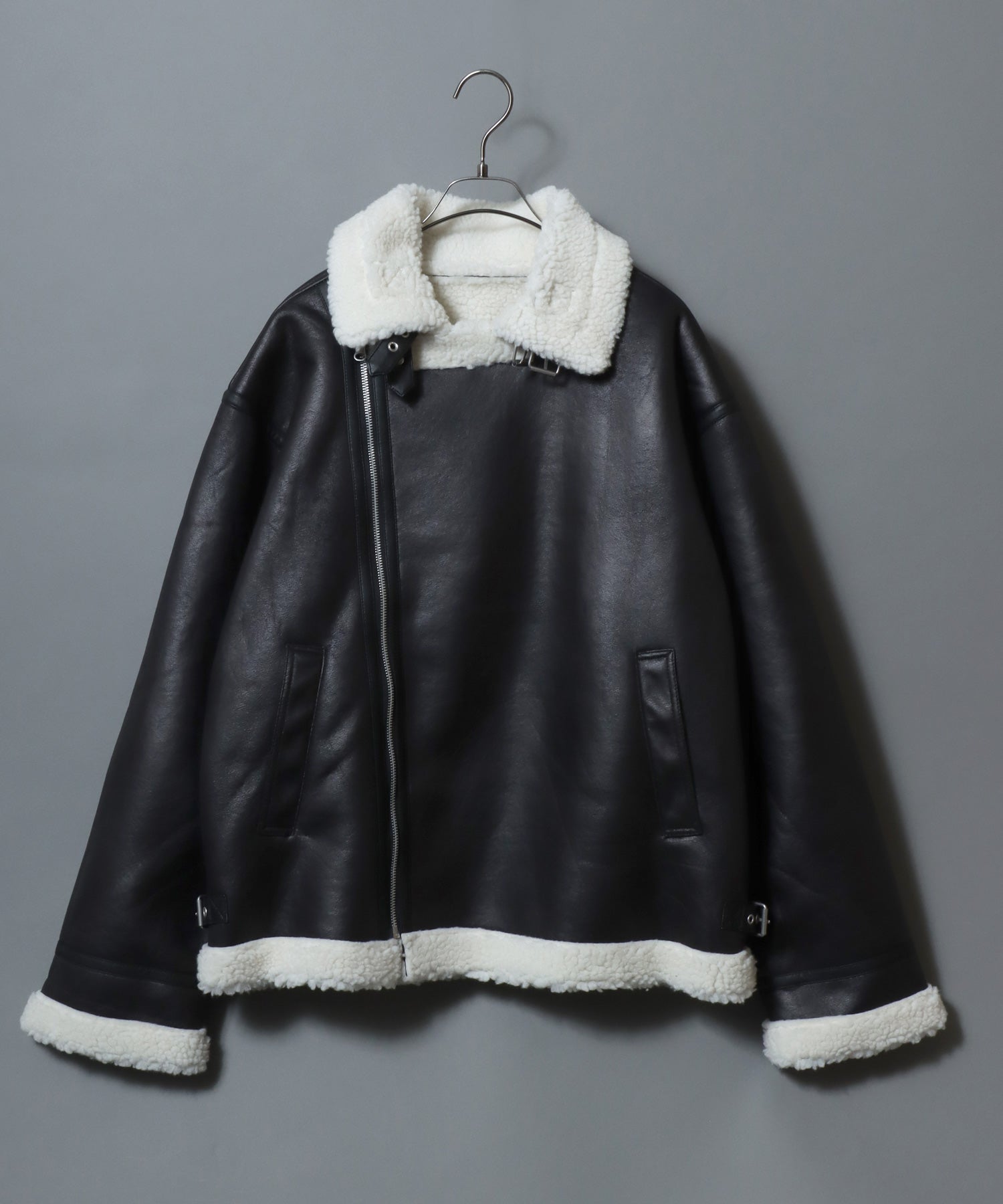 アンパス ANPAS shearling biker jacket/ フェイクムートン 裏ボア ダブルライダース ジャケット メンズ レディース アウター （ブラック系その他） ブラック系その他