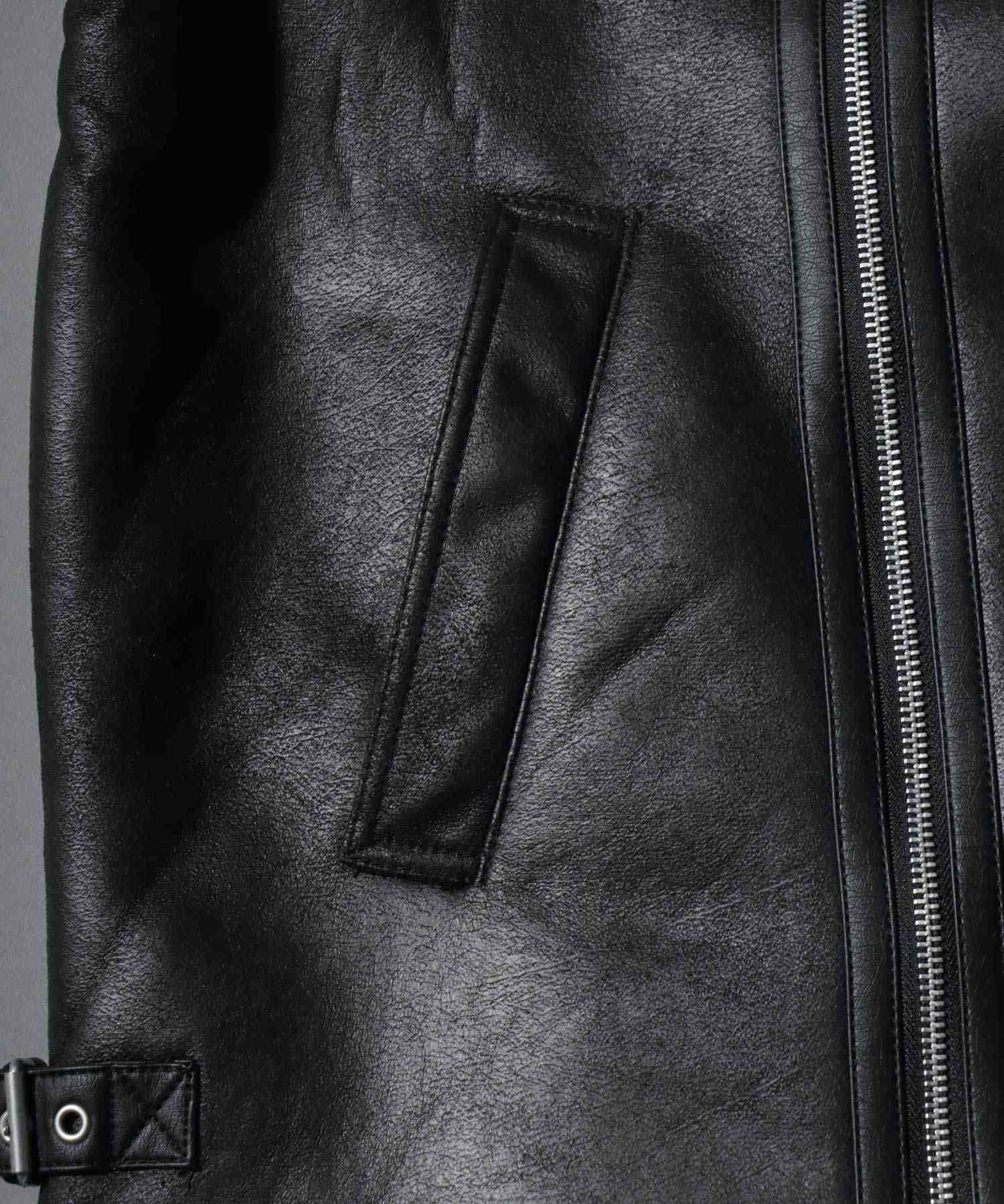 アンパス ANPAS shearling biker jacket/ フェイクムートン 裏ボア ダブルライダース ジャケット メンズ レディース アウター （ブラック系その他） ブラック系その他