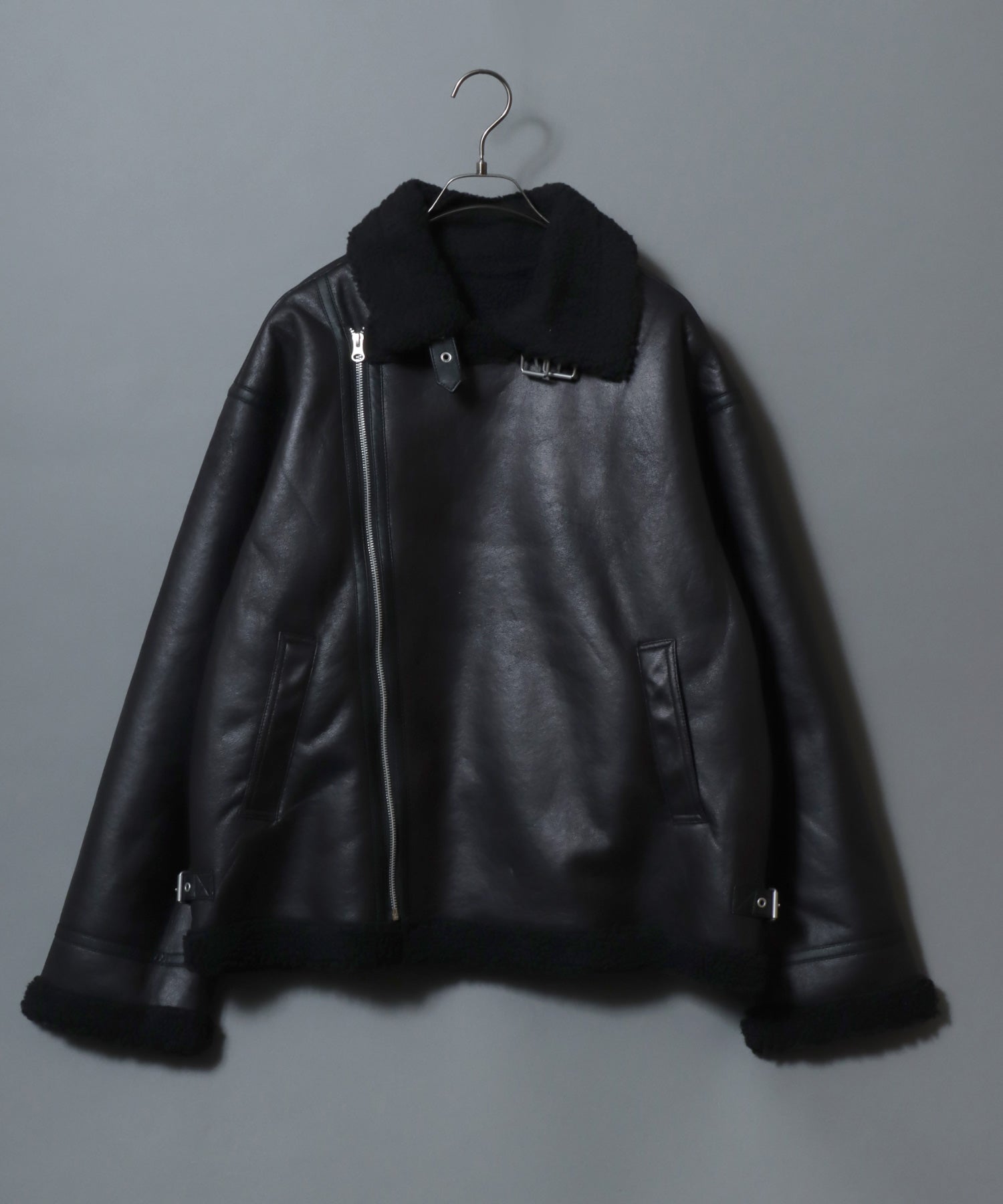 アンパス ANPAS shearling biker jacket/ フェイクムートン 裏ボア ダブルライダース ジャケット メンズ レディース アウター （ブラック系その他） ブラック系その他