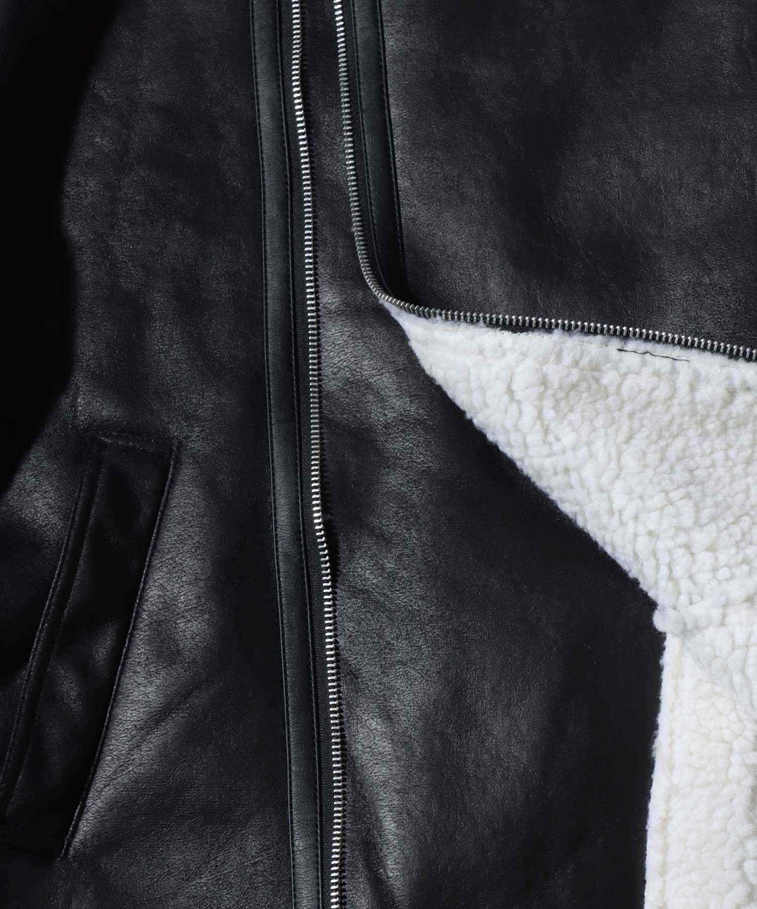アンパス ANPAS shearling biker jacket/ フェイクムートン 裏ボア ダブルライダース ジャケット メンズ レディース アウター （ブラック系その他） ブラック系その他
