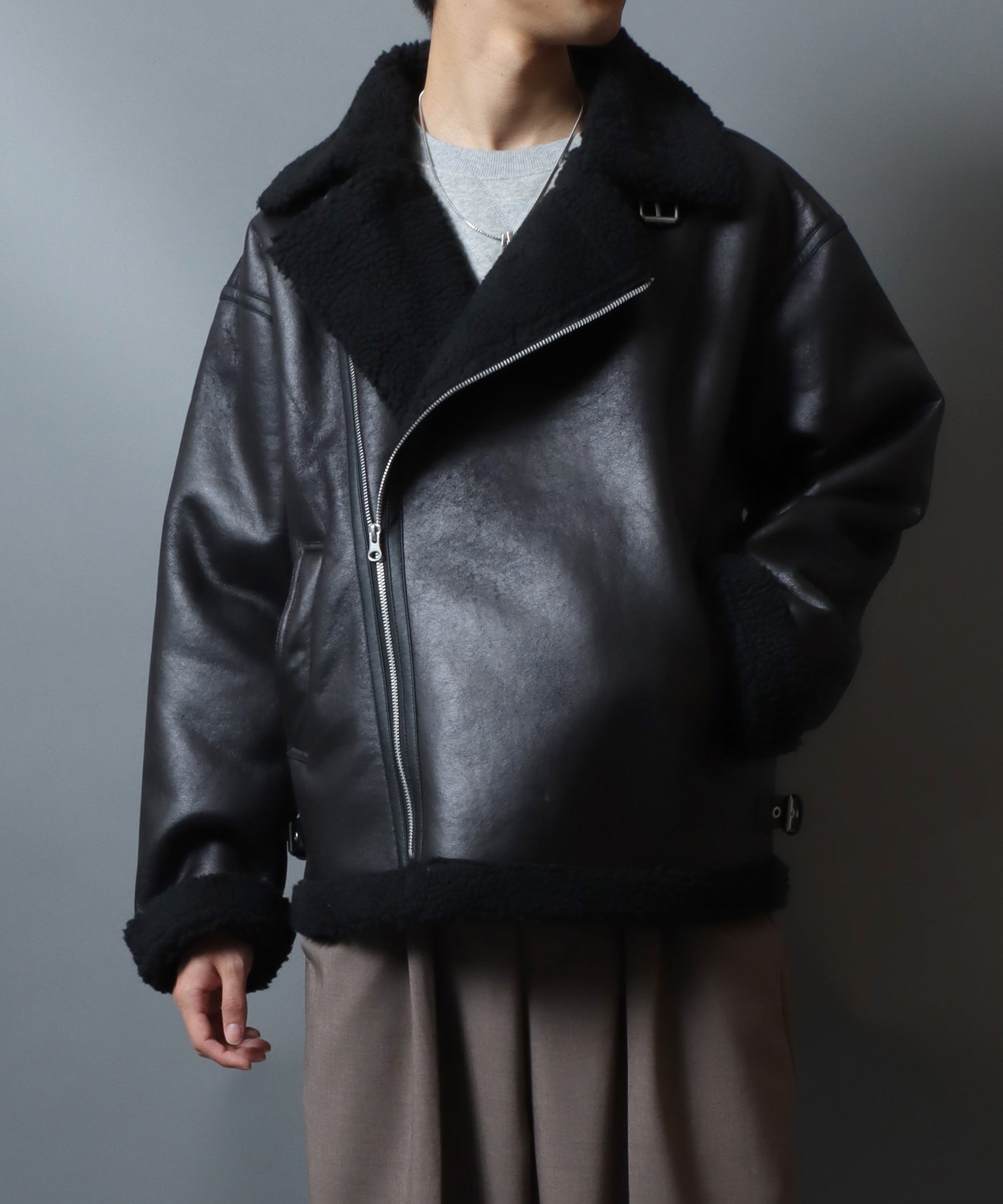 アンパス ANPAS shearling biker jacket/ フェイクムートン 裏ボア ダブルライダース ジャケット メンズ レディース アウター （ブラック系その他） ブラック系その他