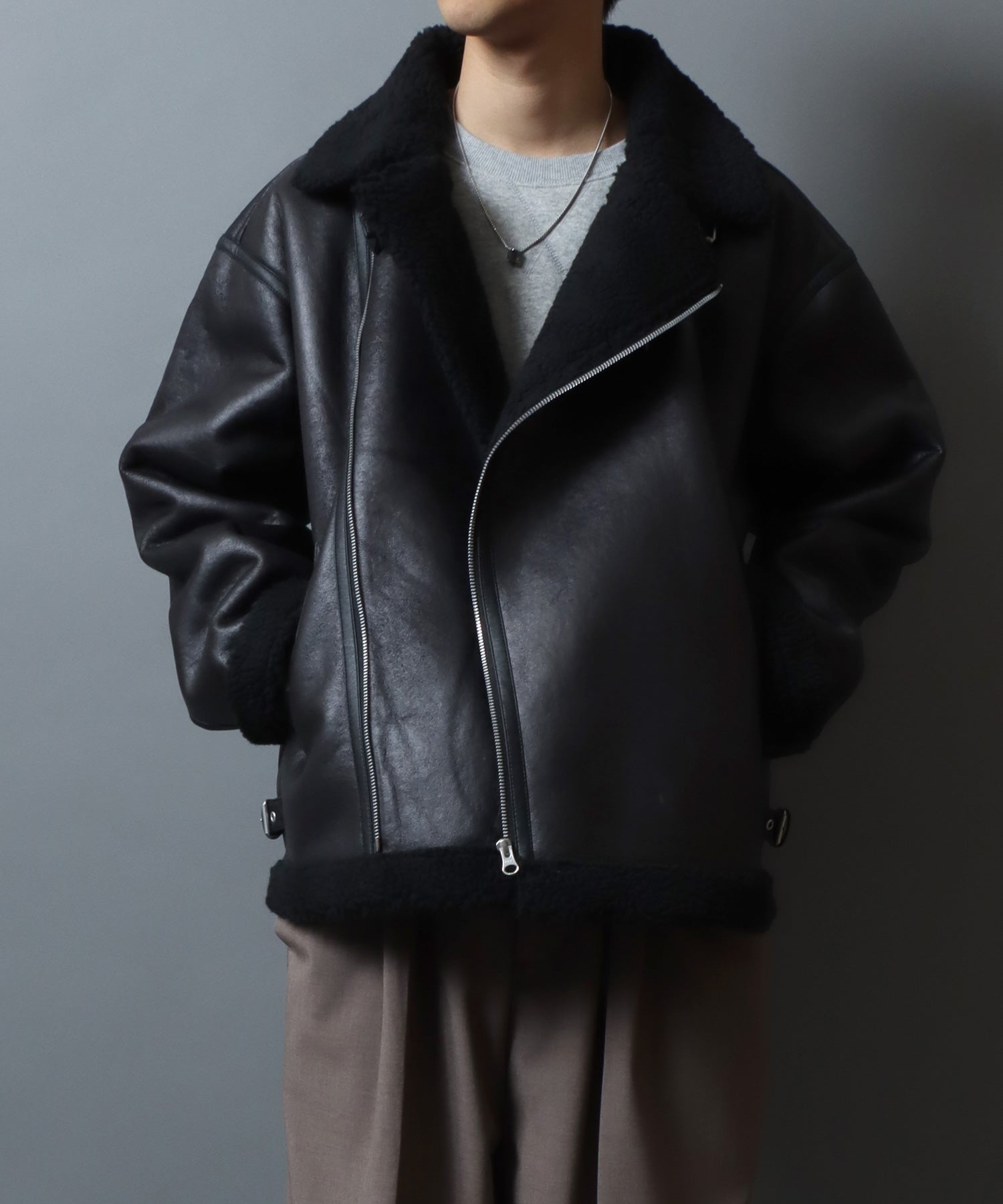 アンパス ANPAS shearling biker jacket/ フェイクムートン 裏ボア ダブルライダース ジャケット メンズ レディース アウター （ブラック系その他） ブラック系その他