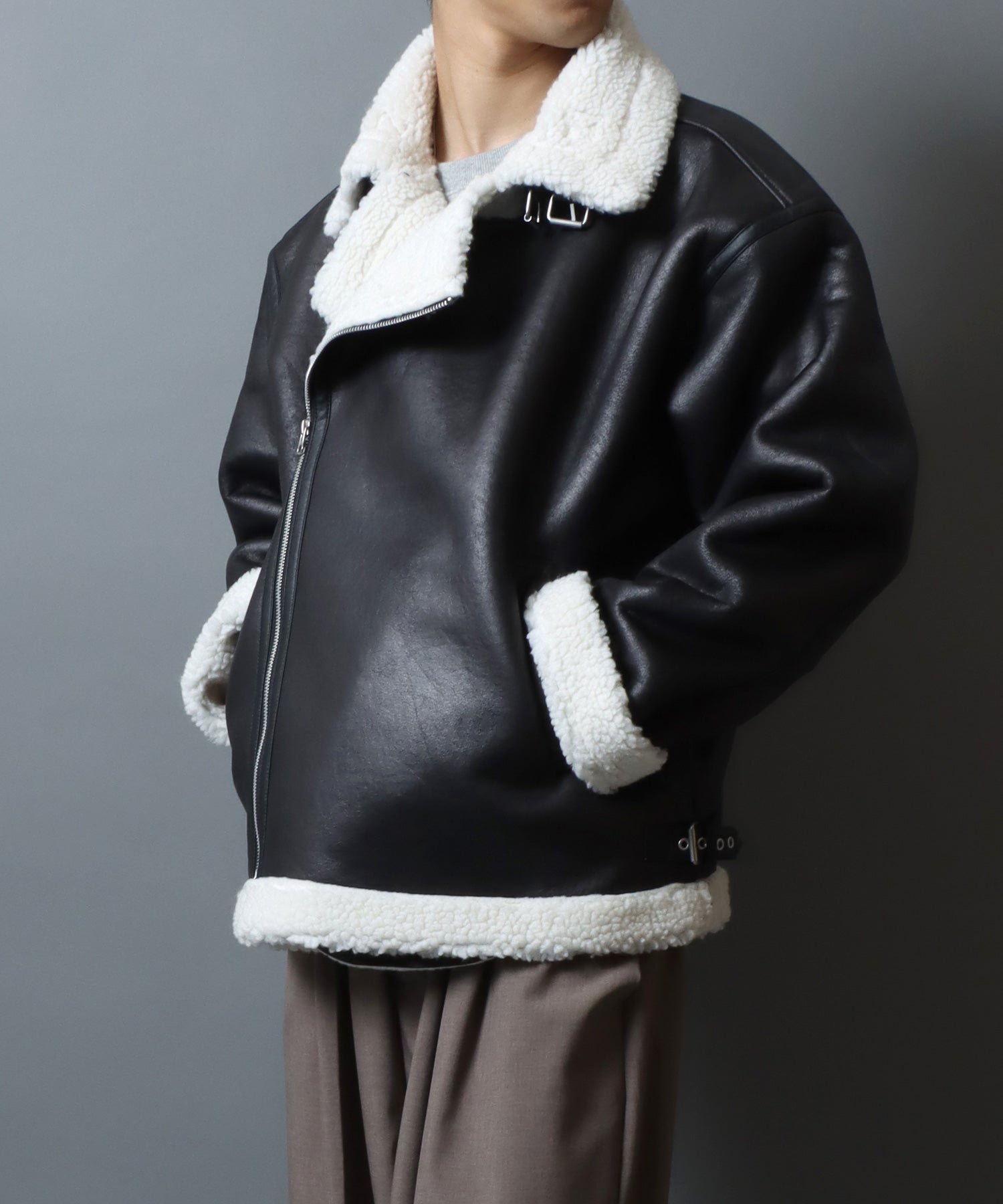 アンパス ANPAS shearling biker jacket/ フェイクムートン 裏ボア ダブルライダース ジャケット メンズ レディース アウター （ブラック系その他） ブラック系その他