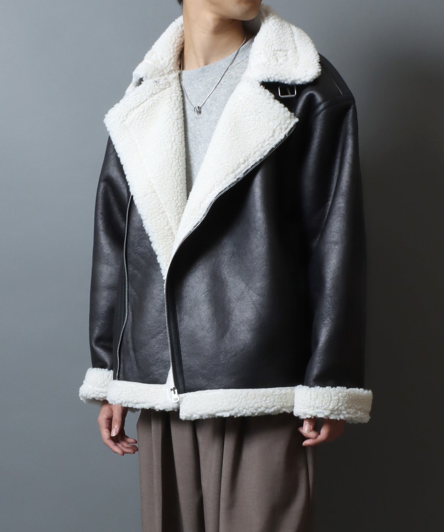アンパス ANPAS shearling biker jacket/ フェイクムートン 裏ボア ダブルライダース ジャケット メンズ レディース アウター （ブラック系その他） ブラック系その他